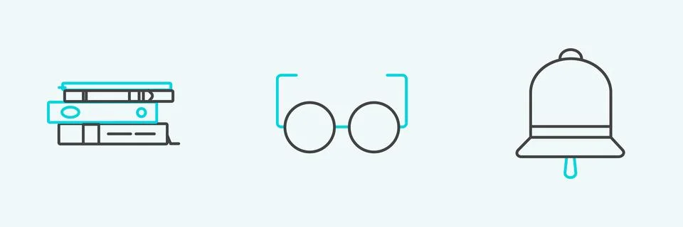 Set line Ringing bell, Office folders with papers and documents and Glasses icon Stock Illustration