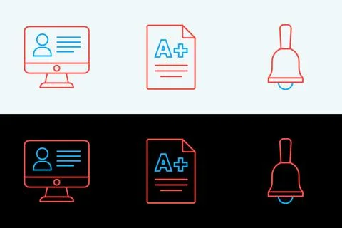 Set line Ringing bell, Online class and Exam sheet with A plus grade icon. .. Stock Illustration