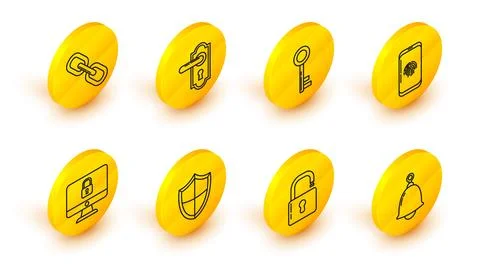 Set line Ringing bell, Open padlock, Shield, Lock on computer monitor screen 库存插图