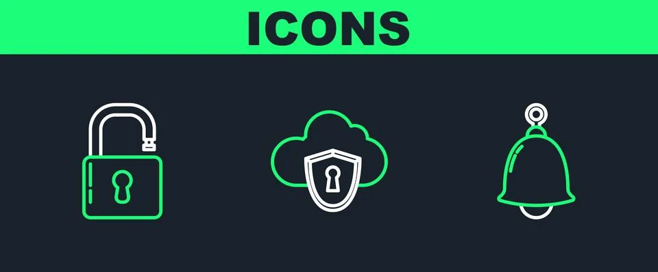 Set line Ringing bell, Open padlock and Cloud and shield icon. Vector Illustrazione stock