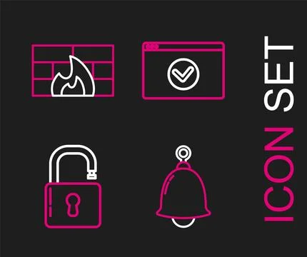 Set line Ringing bell, Open padlock, Secure your site with HTTPS, SSL and F.. Иллюстрация
