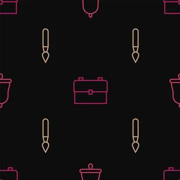 Set line Ringing bell, Paint brush and School backpack on seamless pattern 库存插图