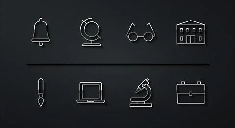 Set line Ringing bell Paint brush School building Microscope Laptop Earth glo Ilustración de archivo