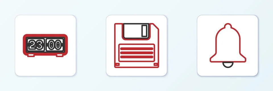 Set line Ringing bell, Retro flip clock and Floppy disk icon. Vector Stock Illustration