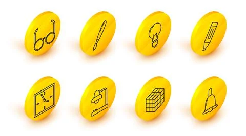 Set line Ringing bell, Rubik cube, Table lamp, Clock, Marker pen, Light bul.. Illustrazione stock