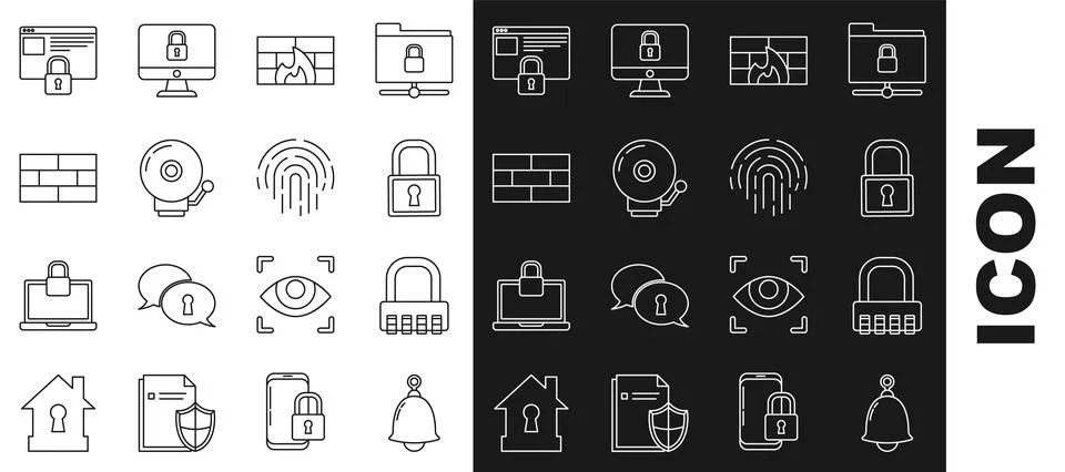 Set line Ringing bell, Safe combination lock, Lock, Firewall, security wall 库存插图