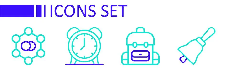 Set line Ringing bell, School backpack, Alarm clock and Molecule icon. Vector イラスト素材