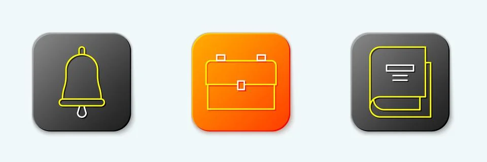 Set line Ringing bell, School backpack and Book icon. Vector 库存插图