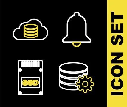 Set line Ringing bell, Setting database server, SSD card and Cloud icon. Vect Stock Illustration
