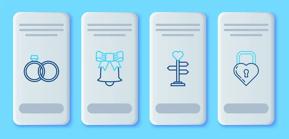 Set line Ringing bell, Signpost with heart, Wedding rings and Castle the sh.. Stock Illustration