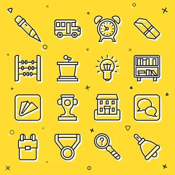 Set line Ringing bell, Speech bubble chat, Shelf with books, Alarm clock, Stage Stock Illustration
