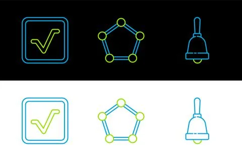 Set line Ringing bell, Square root and Geometric figure Pentagonal prism ic.. Illustrazione stock