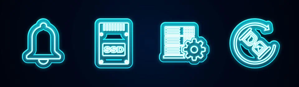 Set line Ringing bell, SSD card, Server setting and Waiting. Glowing neon ico Stock Illustration