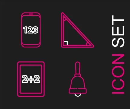 Set line Ringing bell, Tablet with calculator, Triangle math and Mobile Illustrazione stock