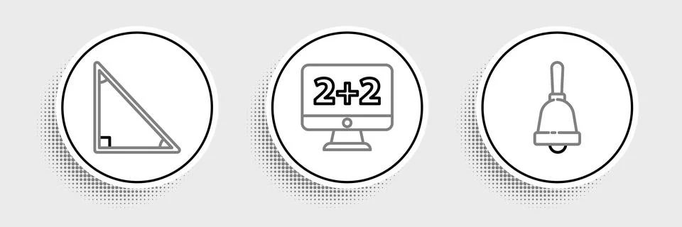 Set line Ringing bell, Triangle math and Equation solution icon. Vector Stock Illustration