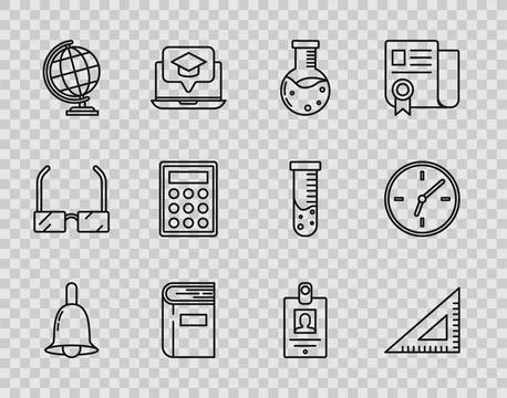 Set line Ringing bell, Triangular ruler, Test tube and flask chemical labor.. Illustrazione stock