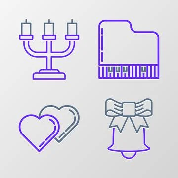 Set line Ringing bell, Two Linked Hearts, Grand piano and Candlestick icon... Stock Illustration
