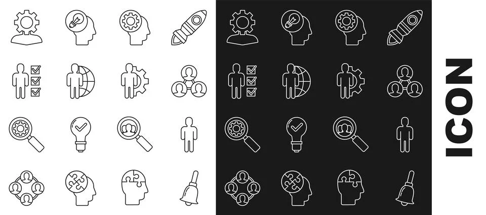 Set line Ringing bell, User of man business suit, Project team base, Human head Ilustração Stock