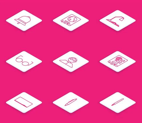 Set line Ringing bell, World map on a school blackboard, Workplace with table Illustrazione stock