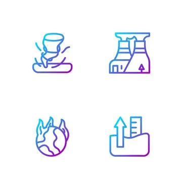 Set line Rise in water level, Global warming fire, Tornado and Nuclear power Stock Illustration