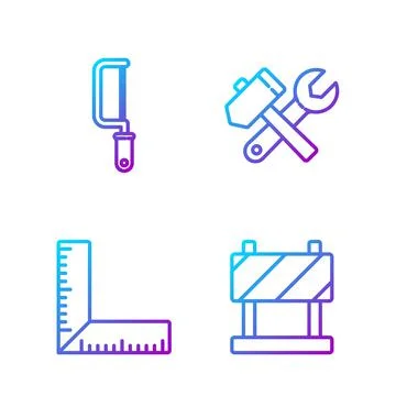 Set line Road barrier, Corner ruler, Hacksaw and Hammer and wrench spanner Illustration