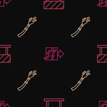 Set line Road barrier, Fire hose reel and exit on seamless pattern. Vector Stock Illustration