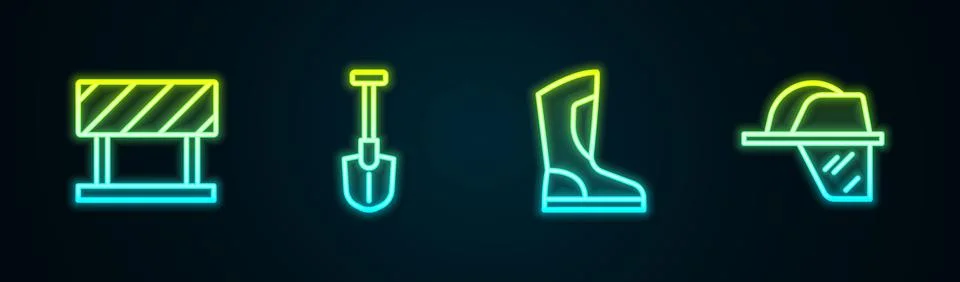 Set line Road barrier, Fire shovel, boots and Firefighter helmet. Glowing neon Illustration