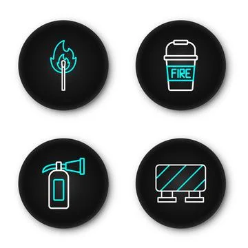 Set line Road barrier, Fire extinguisher, bucket and Burning match with fir.. Illustration