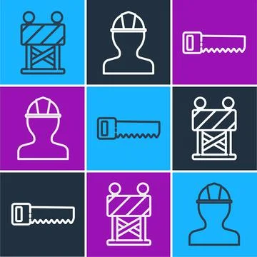 Set line Road barrier, Hand saw and Worker safety helmet icon. Vector Illustration