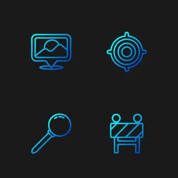 Set line Road barrier, Push pin, Location and Target sport. Gradient color icons Ilustração Stock