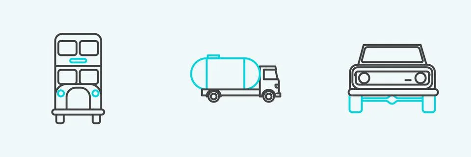 Set line Off road car, Double decker bus and Tanker truck icon. Vector Stock Illustration
