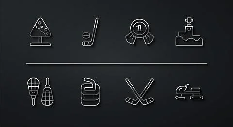 Set line Road sign avalanches, Snowshoes, Award winner podium, Ice hockey sticks Illustration