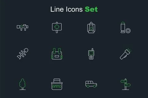 Set line Road traffic sign, Safari car, Ammunition box, Tree, Flashlight, W.. Stock Illustration