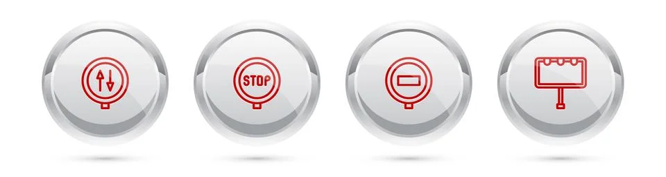 Set line Road warning two way traffic, Stop sign, and Billboard with lights Stock Illustration