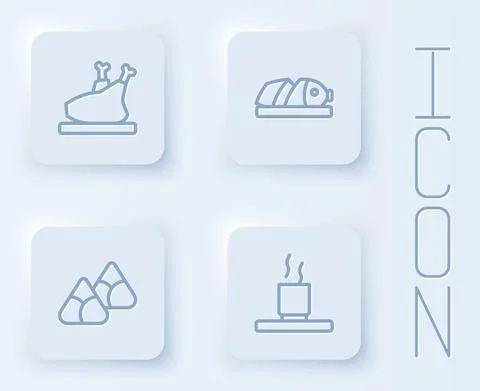 Set line Roasted turkey or chicken, Fish with sliced pieces, Zongzi in bamboo Stock Illustration