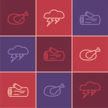Set line Roasted turkey or chicken, Wooden log and Cloud and lightning icon Illustrazione stock