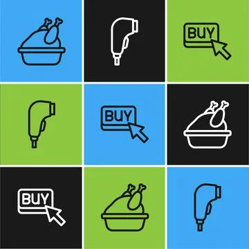 Set line Roasted turkey or chicken, Buy button and Scanner scanning bar code 스톡 일러스트