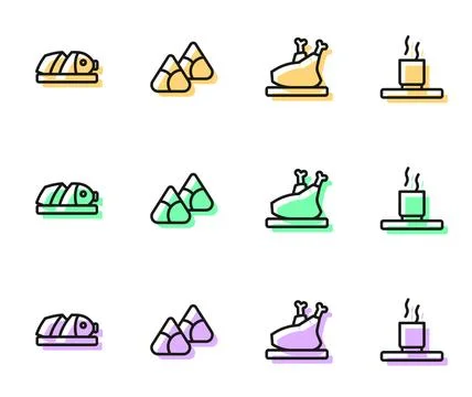 Set line Roasted turkey or chicken, Fish with sliced pieces, Zongzi in bamboo Stock Illustration