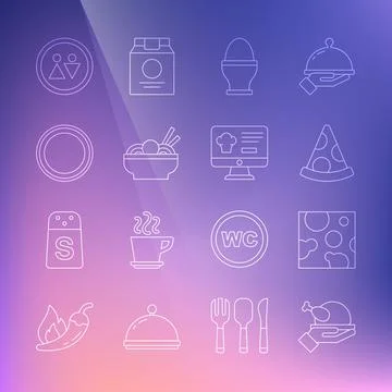 Set line Roasted turkey or chicken, Cheese, Slice of pizza, Chicken egg on .. Stock Illustration