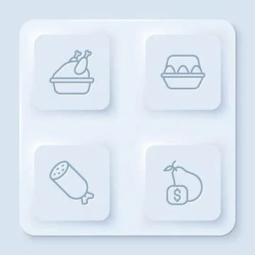 Set line Roasted turkey or chicken, Chicken egg in box, Salami sausage and .. Stock Illustration