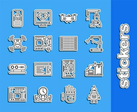 Set line Robot, 3D printer, Industrial machine robotic robot arm hand factory Stock Illustration