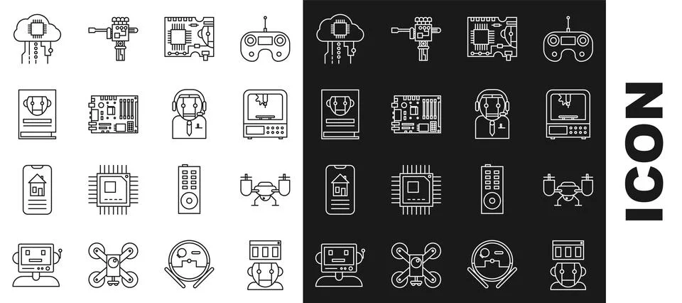 Set line Robot, 3D printer, Printed circuit board PCB, Electronic computer Stock Illustration