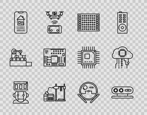 Set line Robot, 3d scanning system, Printed circuit board PCB, 3D printer, Smart Stock Illustration
