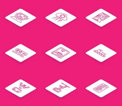 Set line Robot, 3d scanning system, 3D printer, Conveyor belt with cardboard box Illustrazione stock