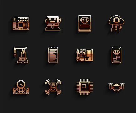Set line Robot and digital time manager, Printed circuit board PCB, Processor Stock Illustration