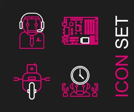 Set line Robot and digital time manager, Electronic computer components mot.. Illustrazione stock