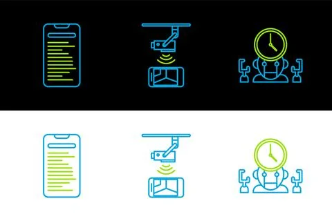 Set line Robot and digital time manager, Computer api interface and Wireles.. Illustrazione stock