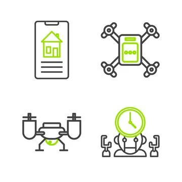 Set line Robot and digital time manager, Drone flying with action camera,  .. Stock Illustration