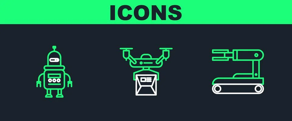 Set line Robot,  and Drone delivery concept icon. Vector Stock Illustration