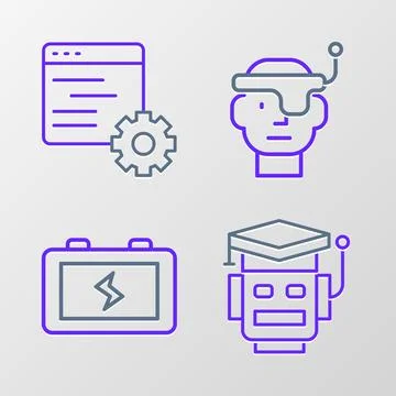 Set line Robot, Battery, Smart glasses and Computer api interface icon. Vecto 스톡 일러스트